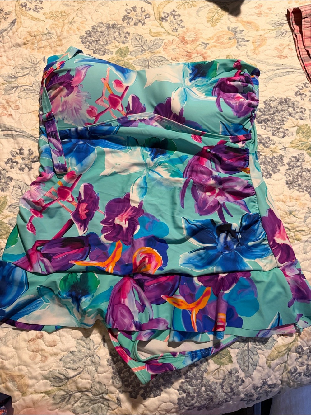 Aqua Floral Bandeau Ruffle One-Piece Swimsuit